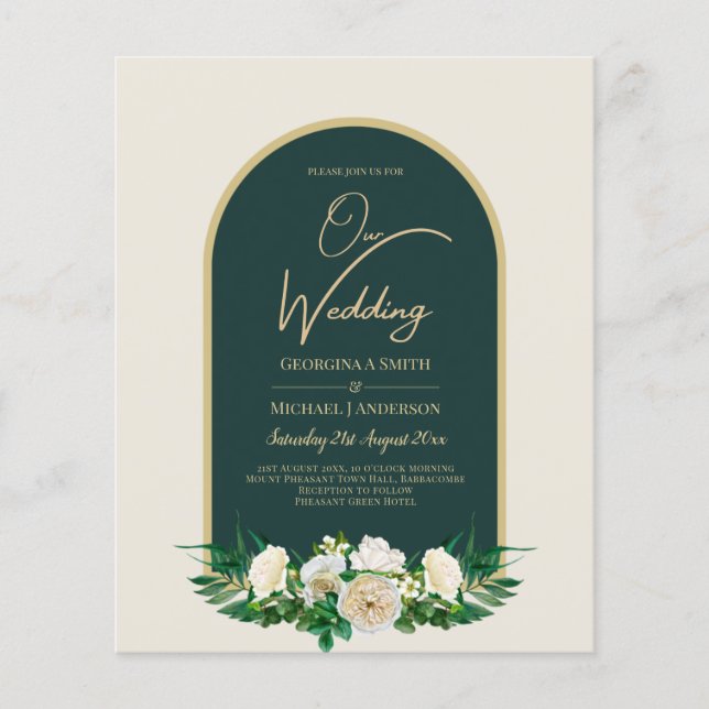 BUDGET White Roses Forest Green Winter Wedding INV Flyer (Vorne)