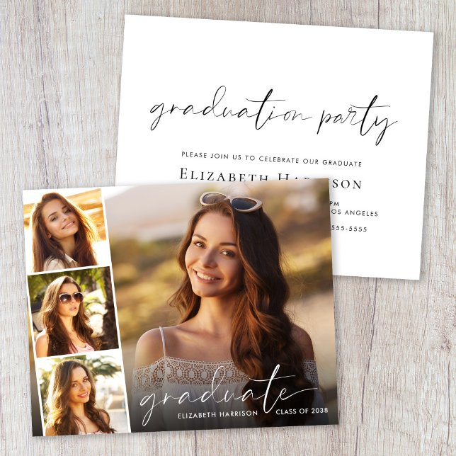 Budget White Script Foto Graduation Party Einladun (Cherish the milestone: share your graduate's achievement with a custom photo graduation invitation)