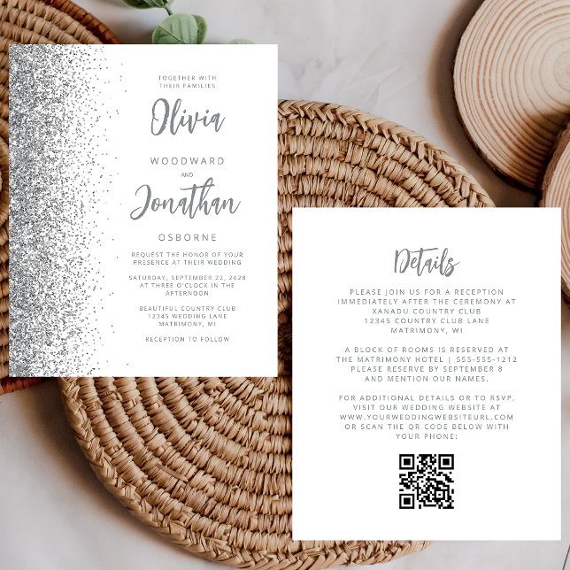 Budget White Silver Glitzer QR Code Hochzeit Einla (Von Creator hochgeladen)