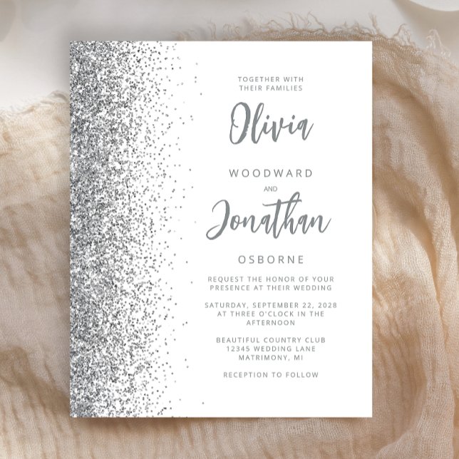 Budget White Silver Glitzer Script Einladung (Von Creator hochgeladen)