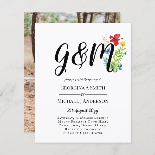 Budget Wild Blume Typografy Foto Wedding INVITE (Vorne/Hinten)