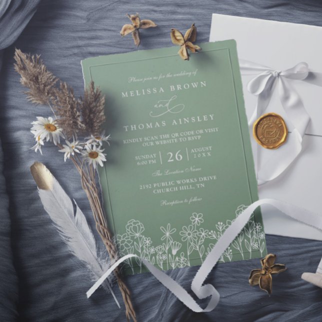 Budget Wildflower Boho Sage Green QR Code Wedding Einladung (Von Creator hochgeladen)