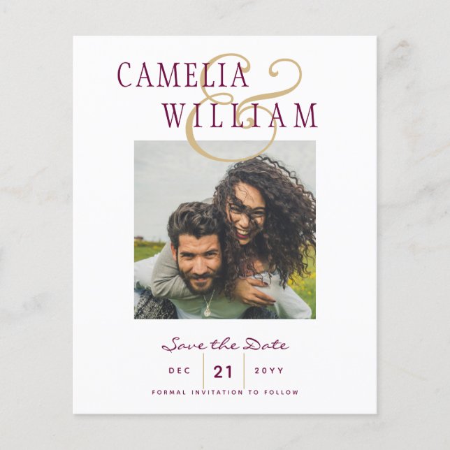 BUDGET Wine Berry Gold Wedding FOTO Save the Date Flyer (Vorne)