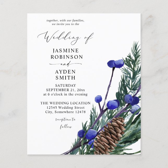 Budget Winter Blue Berries & Pine Greenerity Weddi Flyer (Vorne)