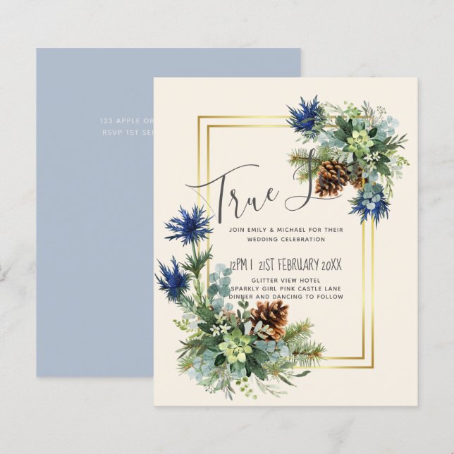 BUDGET Winter Blue Thistle Wedding lädt ein (Vorne/Hinten)