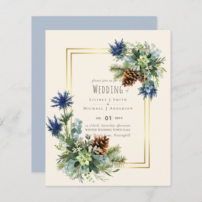 BUDGET Winter Blue Thistle Wedding lädt ein (Vorne/Hinten)
