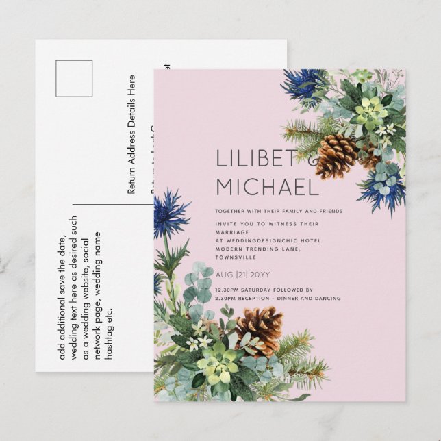 BUDGET Winter Blue Thistle Wedding Postkarte (Vorne/Hinten)