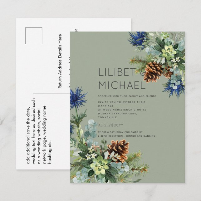 BUDGET Winter Blue Thistle Wedding Postkarte (Vorne/Hinten)