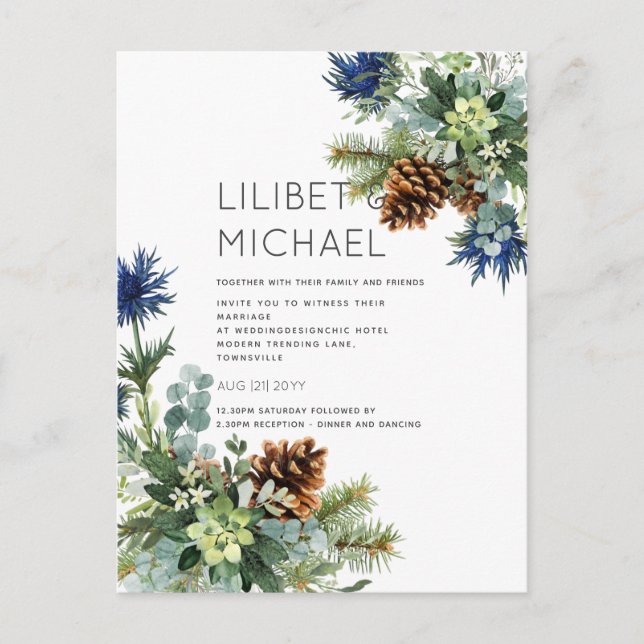 BUDGET Winter Blue Thistle Wedding Postkarte (Vorderseite)