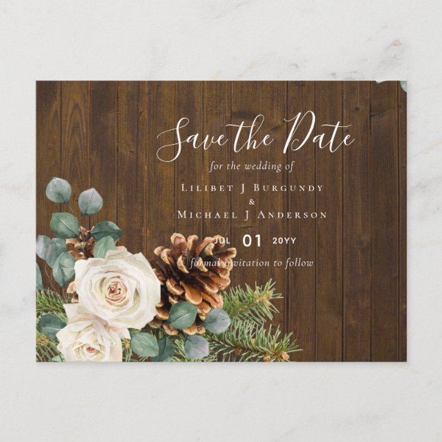 BUDGET Winter Eukalyptus Pine Cones Wedding Postkarte (Vorderseite)