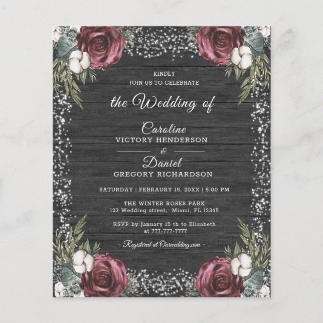 Budget Winter Floral Burgundy Wedding Flyer (Vorderseite)