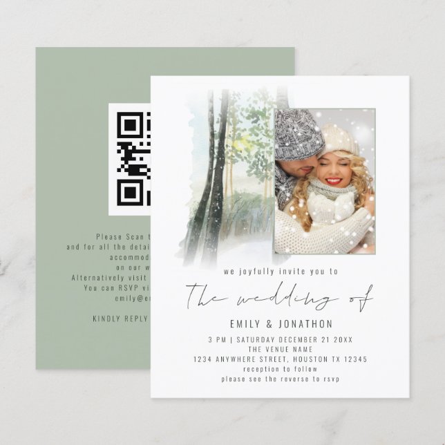 Budget Winter Forest Foto QR Sage Hochzeit (Vorne/Hinten)