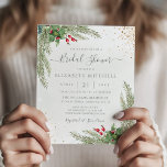 Budget Winter Greenery Bridal Dusche Einladung<br><div class="desc">Schöne,  erschwingliche Braudusche mit handgemalten botanischen Aquarellbildern aus Wintergrün,  Kiefer- und Fichtenzweigen,  Zapfen und Heilige Beeren mit goldenem Glitzer. Ideal für Hochzeiten im Winter oder Weihnachten.</div>