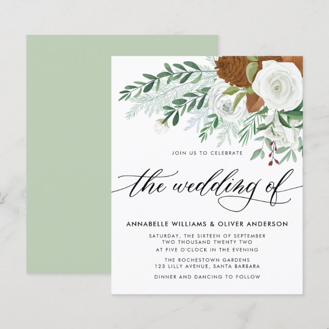 Budget Winter Greenery Hochzeitseinladung (Vorne/Hinten)