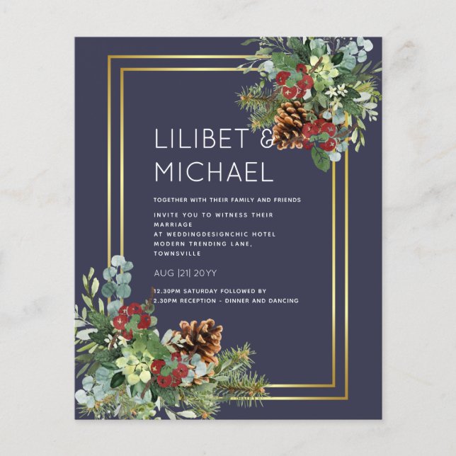 BUDGET Winter Red Berries Pine Cones Wedding Flyer (Vorne)