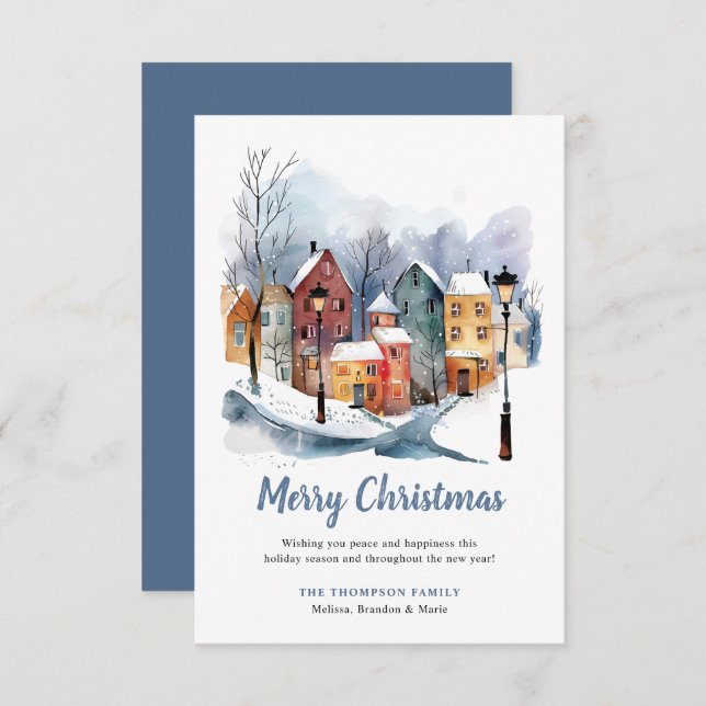 BUDGET Winter Watercolor Houses Blue Christmas Mitteilungskarte (Vorne/Hinten)