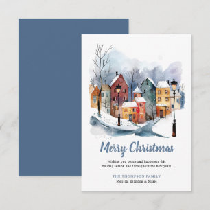 BUDGET Winter Watercolor Houses Blue Christmas Mitteilungskarte