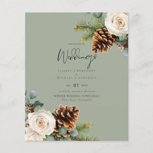 BUDGET Winter Wedding Eukalyptus Grüne Rose Flyer (Vorne)