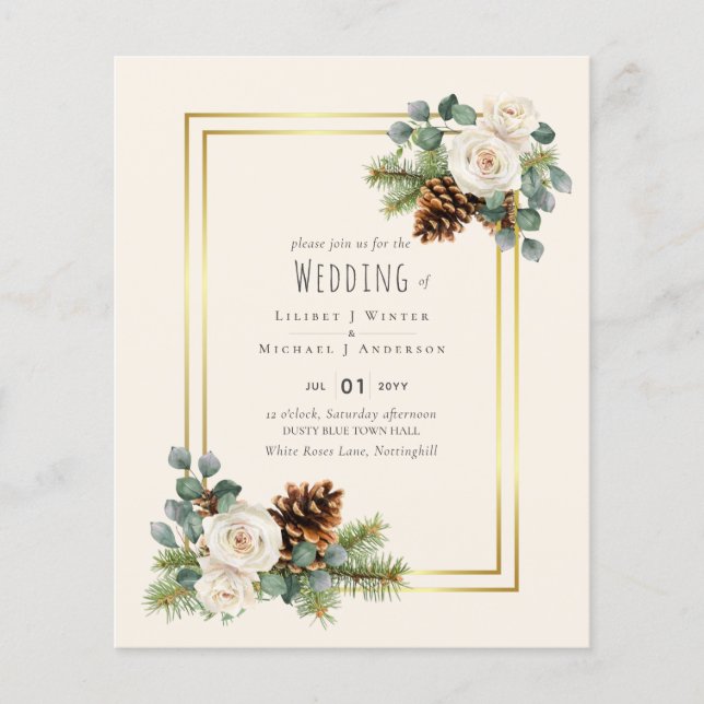 BUDGET Winter Wedding White Roses Gold Dusty Blue Flyer (Vorne)