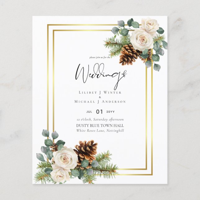 BUDGET Winter Wedding White Roses Gold Dusty Blue Flyer (Vorne)