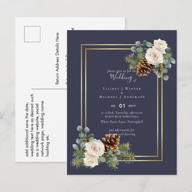BUDGET Winter Wedding White Roses Gold Dusty Blue Postkarte (Vorne/Hinten)