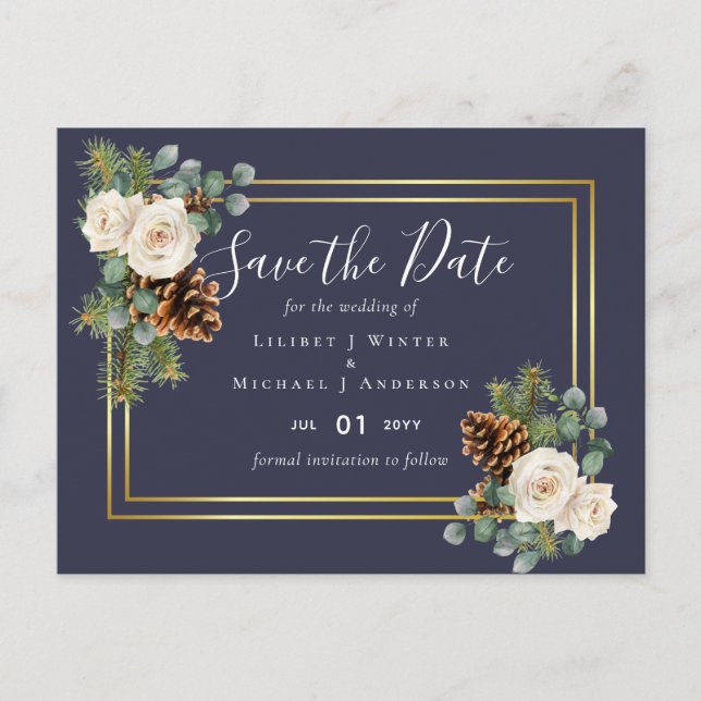 BUDGET Winter Wedding White Roses Gold Dusty Blue Postkarte (Vorderseite)