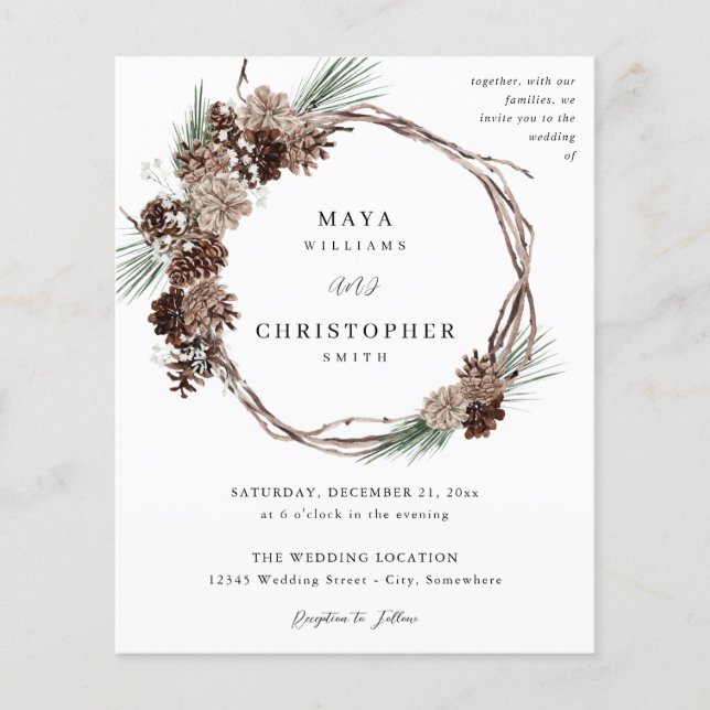 Budget Winter White Floral & Pine Hochzeitskranz Flyer (Vorne)