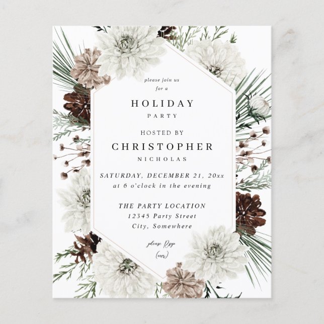 Budget Winter White Floral & Pine XMas or Holiday Flyer (Vorne)