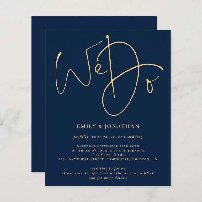 Budget Wir machen Gold Script Navy QR Hochzeit Ein (Vorne/Hinten)