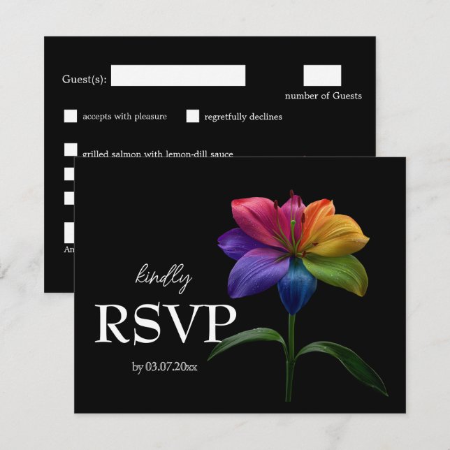 🌈 Budget With Menu RSVP Technicolor Love  Karte (Vorne/Hinten)