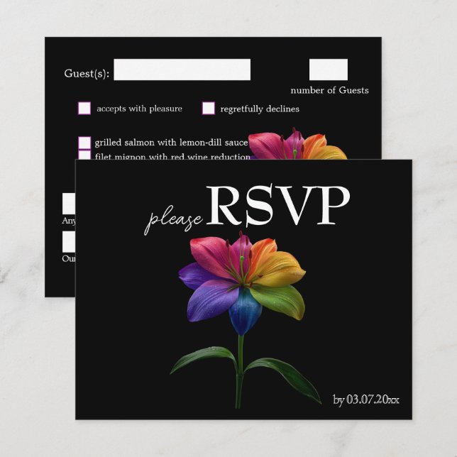 🌈 Budget with menu RSVP Technicolor Love  Karte (Vorne/Hinten)