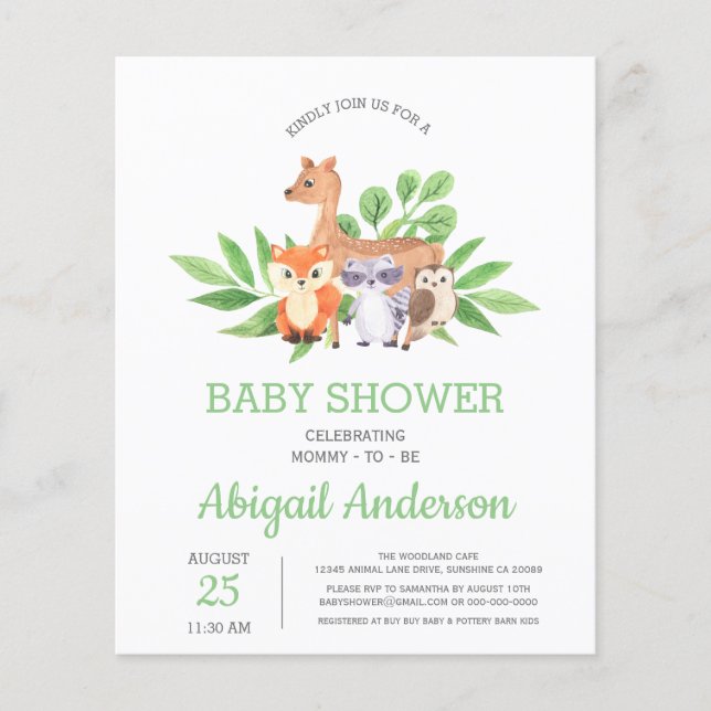 BUDGET Woodland Animal Baby Shower Einladung (Vorderseite)