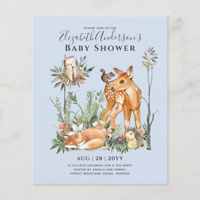 BUDGET Woodland Animals Baby Boy Girl Shower INVs Flyer (Vorne)