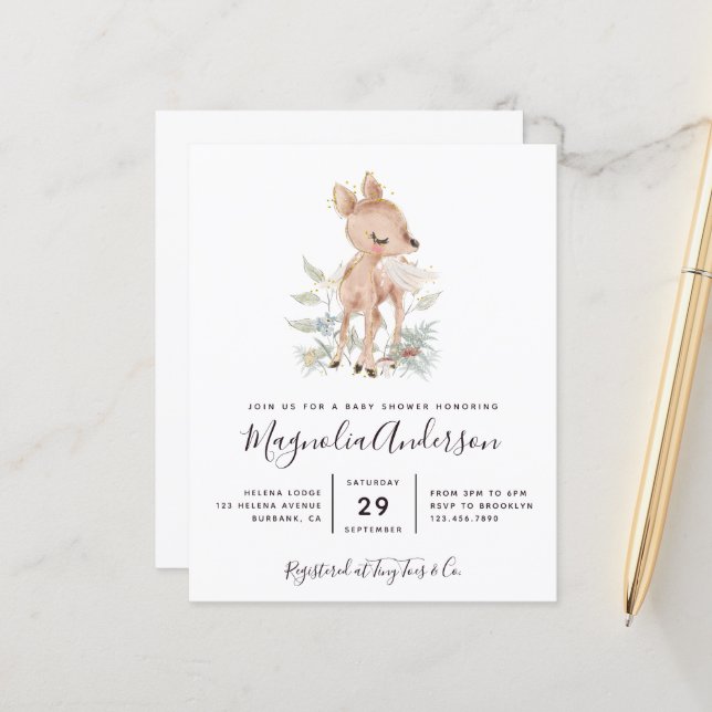 Budget Woodland Deer Baby Shower Einladung (Vorderseite/Rückseite Beispiel)