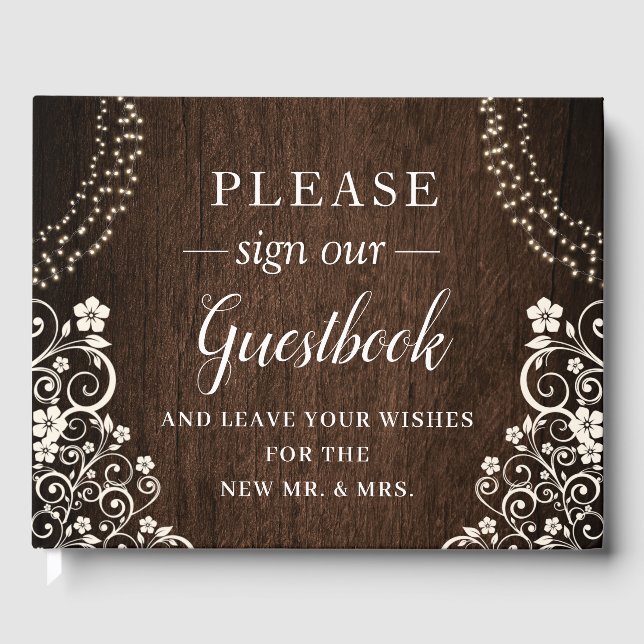 Budget Woodsy Rustic String Lights Wood Wedding Gästebuch (Vorderseite)
