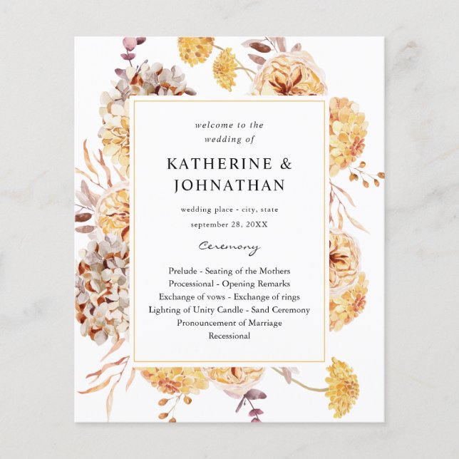 Budget Yellow Golden Floral Wedding Zeremonie Flyer (Vorne)