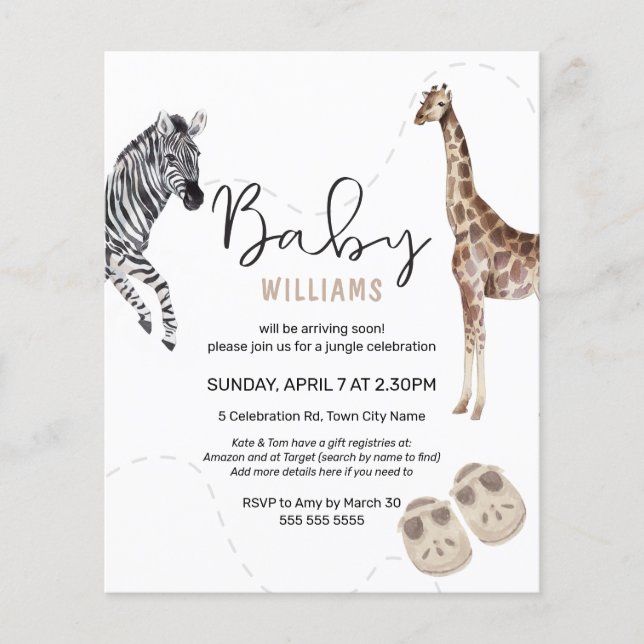 Budget Zebra Safari Neutral Baby Dusche (Vorderseite)