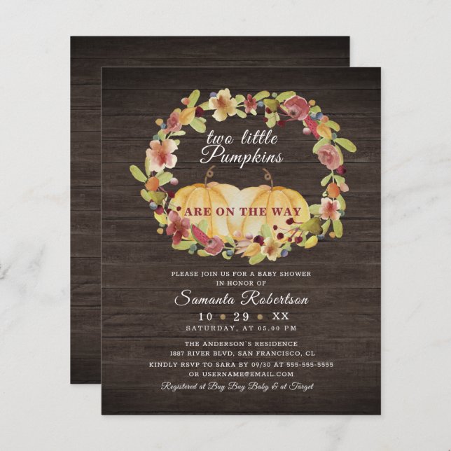 Budget Zwei kleine Pumpkin Wood Floral Baby Dusche (Vorne/Hinten)