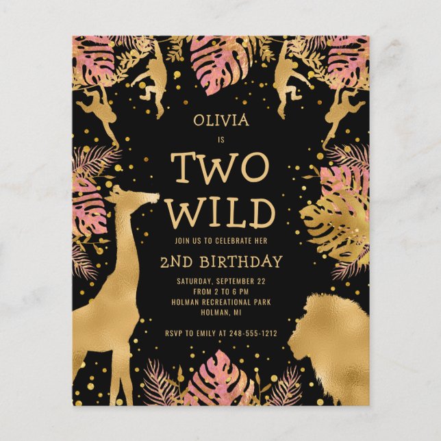 Budget Zwei wilde rosa Schwarz 2. Geburtstag Einla (Vorderseite)