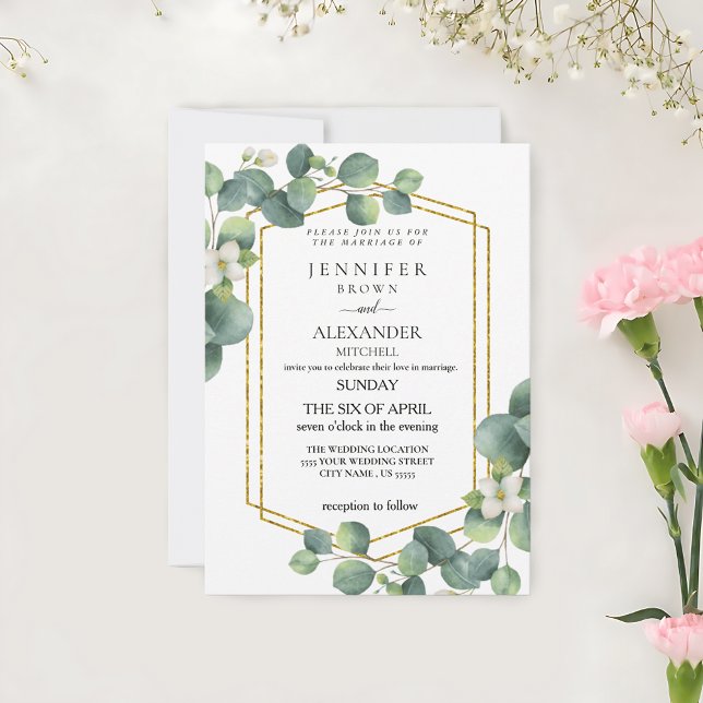 Budgetheirat Einladung Rustikale Blätter Eukalyptu (Affordable elegance: Rustic foliage wedding invites.)