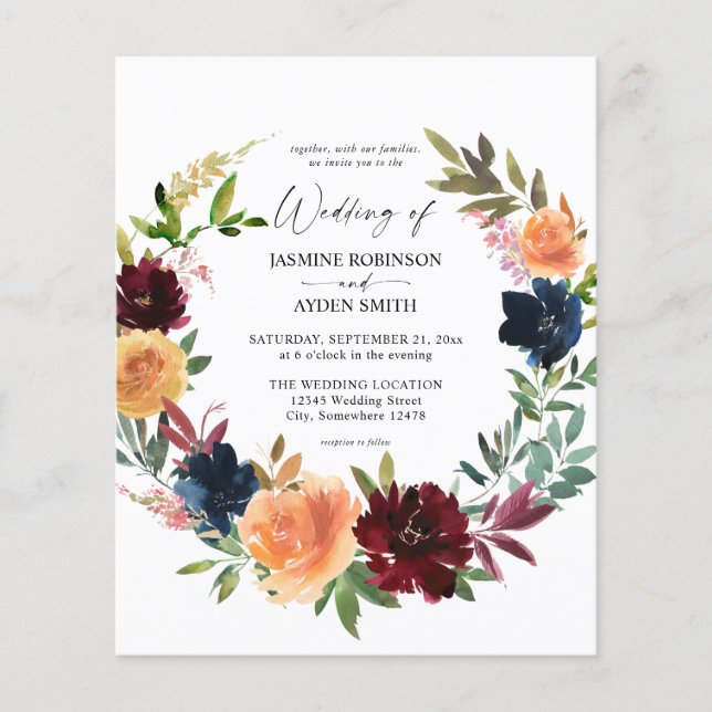 Budgetholz, Burgund & Navy Fall Floral Wedding Flyer (Vorne)