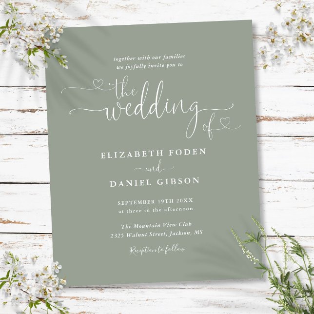 Budgetsage Green Hearts Skript Hochzeit einladen (Budget Sage Green Hearts Script Wedding Invite)