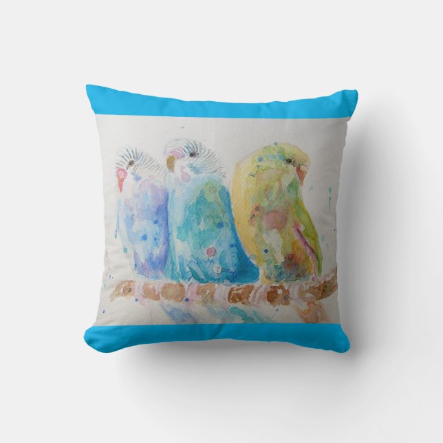 Budgie Aquarellmalerei Vogel Cushion Aqua Aquamari Kissen (Vorderseite)
