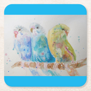 Budgie Aquarellmalerei Vogel Cushion Aqua Aquamari Rechteckiger Pappuntersetzer