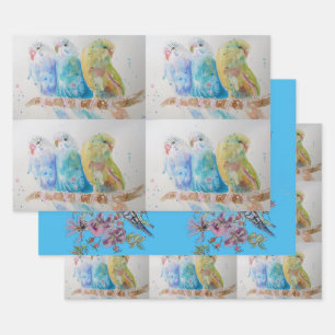 Budgie Art Blume Floral Blue Bird Wasserfarbe Geschenkpapier Set