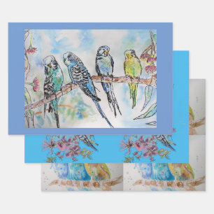 Budgie Art Blumen Floral Blue Bird Wasserfarbe Geschenkpapier Set
