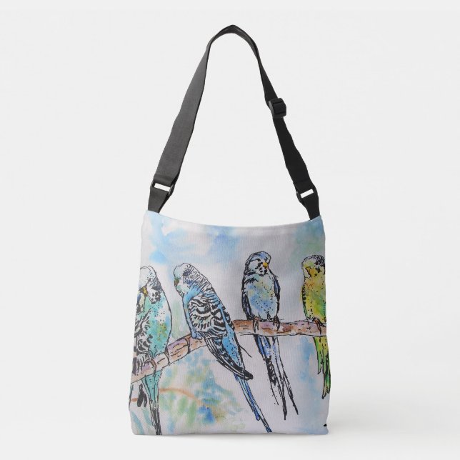 Budgie Bird Wasserfarbenfreunde Vögel Crossbody Ba Tragetaschen Mit Langen Trägern (Vorderseite)