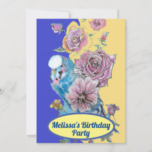 Budgie Blue Bird Birthday Girls Rote Rose Blume Einladung