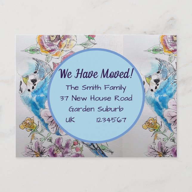 Budgie Blume neue Adresse Postkarte, wir bewegen u Postkarte (Vorderseite)