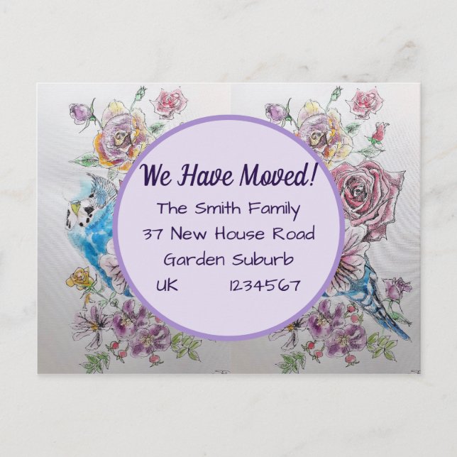 Budgie Blume neue Adresse Postkarte, wir bewegen u Postkarte (Vorderseite)